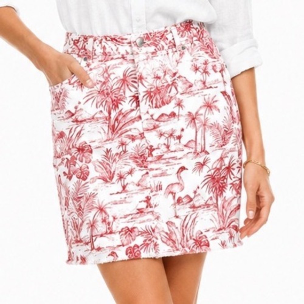 J.McLaughlin Women Red White Tropical Toile Flamingo Denim Mini Skirt Size 4